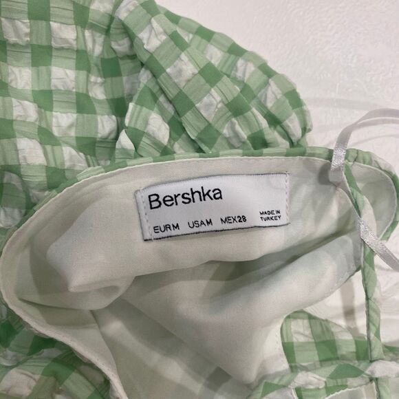 Bershka Green Gingham Puff Sleeve Crop Top M | Cottagecore Tie Back Blouse - Picture 3 of 5